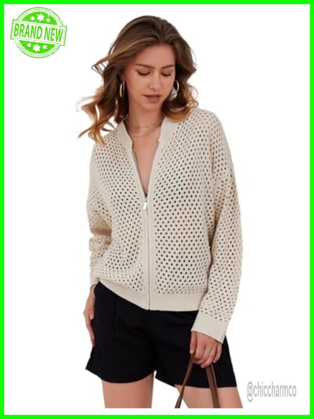 Womens Zip Up Crochet Cardigan Oversized Long Sleeve Knit Bomber